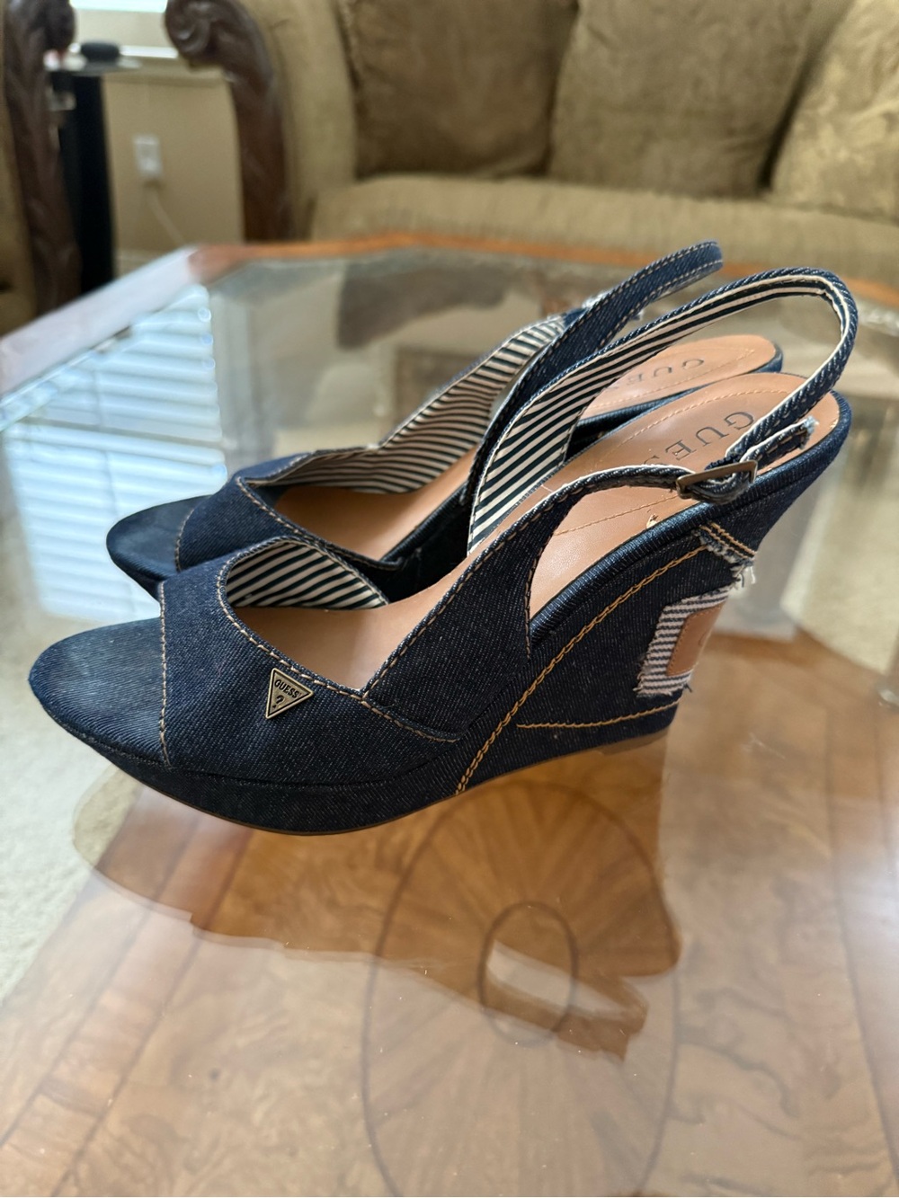 GUESS Dark Navy Denim Slingback Wedge Sandalst 8.5